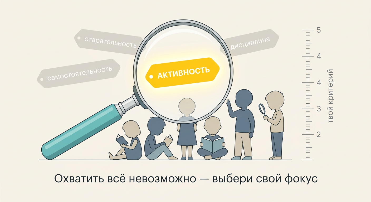 Лупа фокуса: один критерий ярко, остальные приглушены