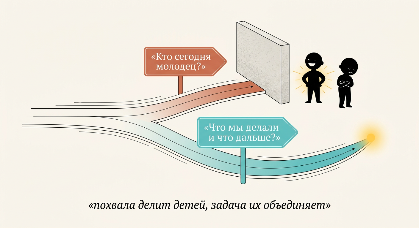 Развилка: «кто молодец» → тупик, «что дальше» → вперёд