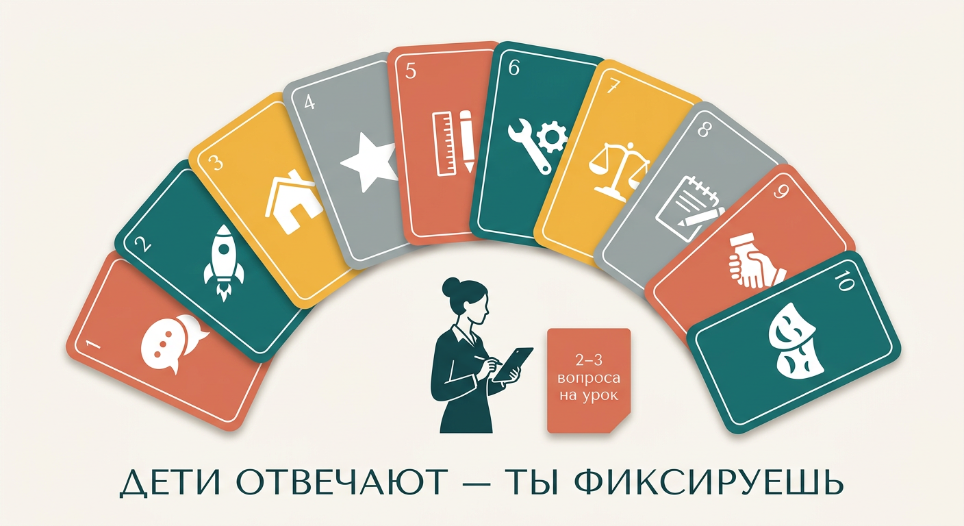 Веер из 10 карточек-разделов с вопросами для рефлексии